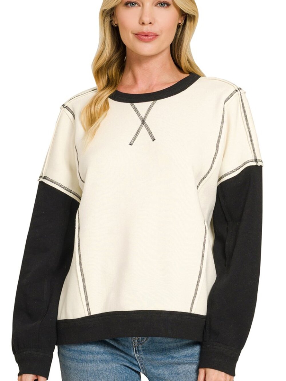 Fleece color block exposed seam pullover